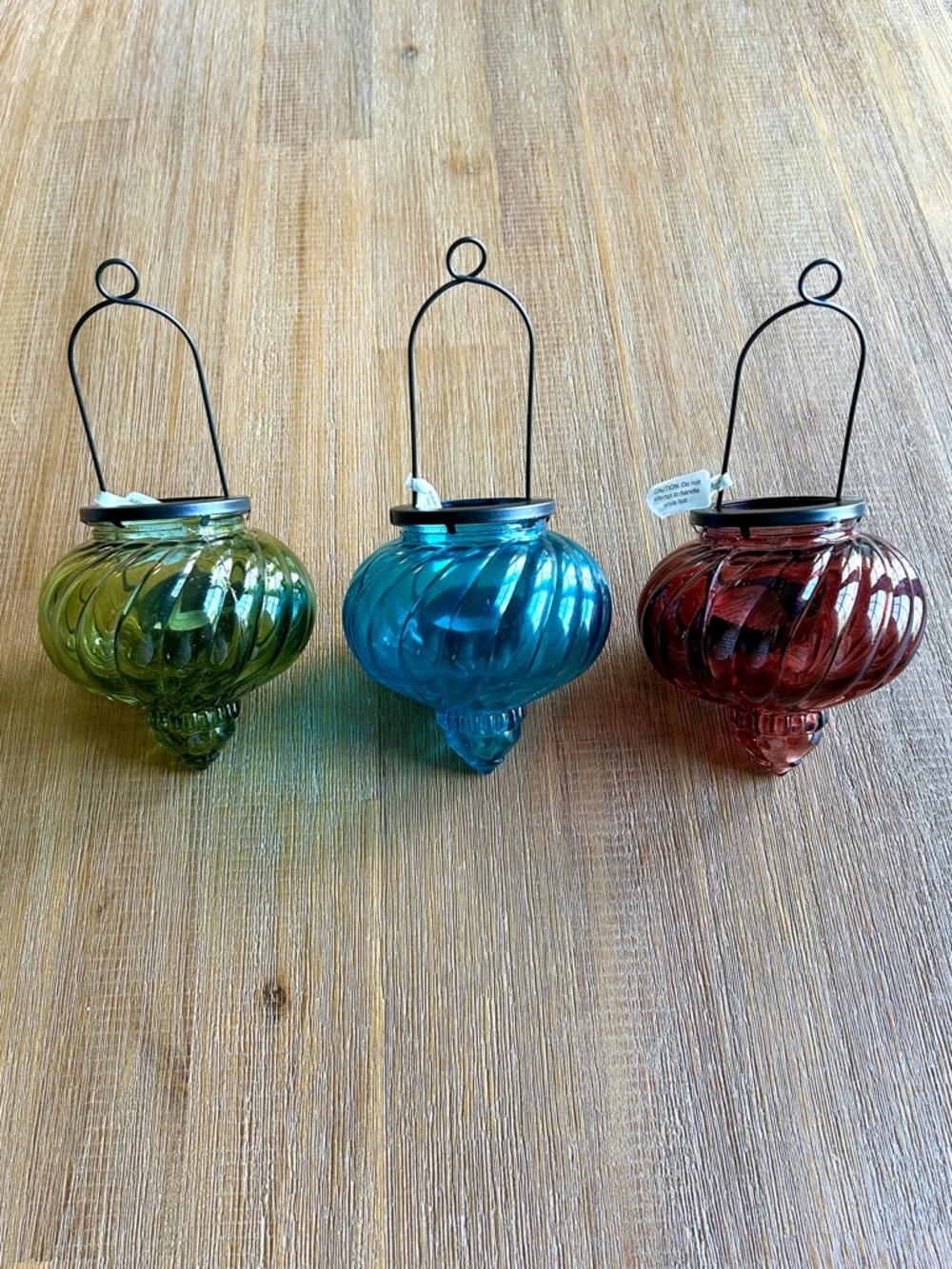Pier 1 hand-blown, fluted glass, hanging tea light candle holders, NWT - Picture 3 of 6